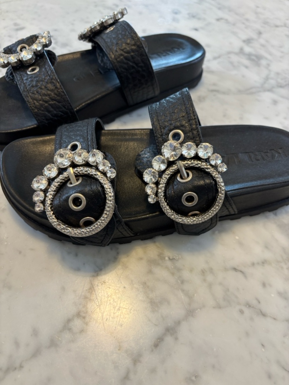 Karl Lagerfeld Barlow Black Jeweled Double-Buckle Slide Sandals -9 - Picture 2 of 5